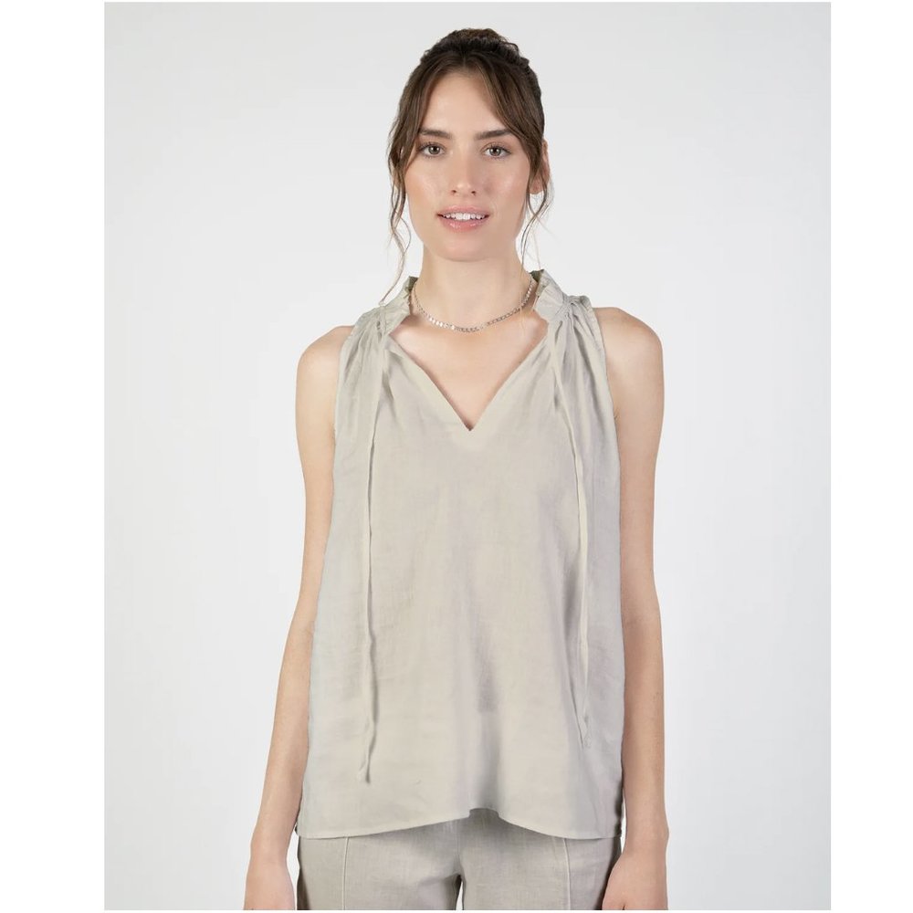 Ruffle Neck Sleeveless Tank Top Blouse, Natural Beige